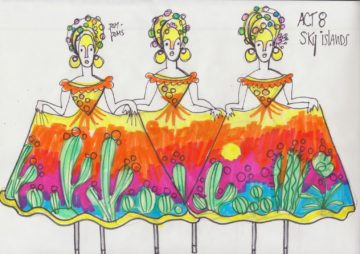 drawing of stilt walkers wearing dresses decorated like a desert landscape and sunset